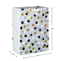 Hallmark 20" Mega Gift Bag (Black, White, Gold Glitter Dots on Gray) for Birthdays, Bridal Showers, Parties or Any Occasion