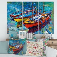 Designart Three Boats In The Harbor Canvas Wall Art