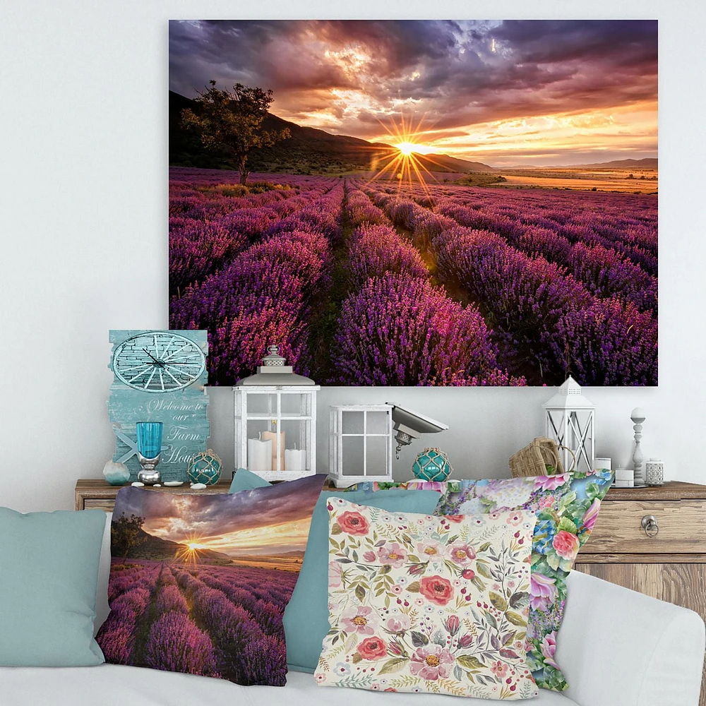 Designart Sunrise & Dramatic Clouds Over Lavender Field IV Canvas Wall Art