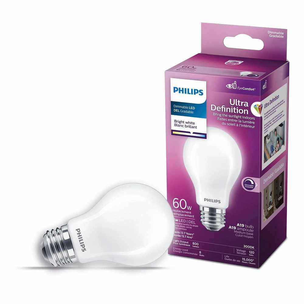 Philips LED Ultra Definition 60W A19 Bright White Glass Frosted, PHL LED 60W A19 BW