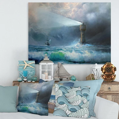 Designart Lighthouse Shining Light During Stormy Night II Canvas Wall Art