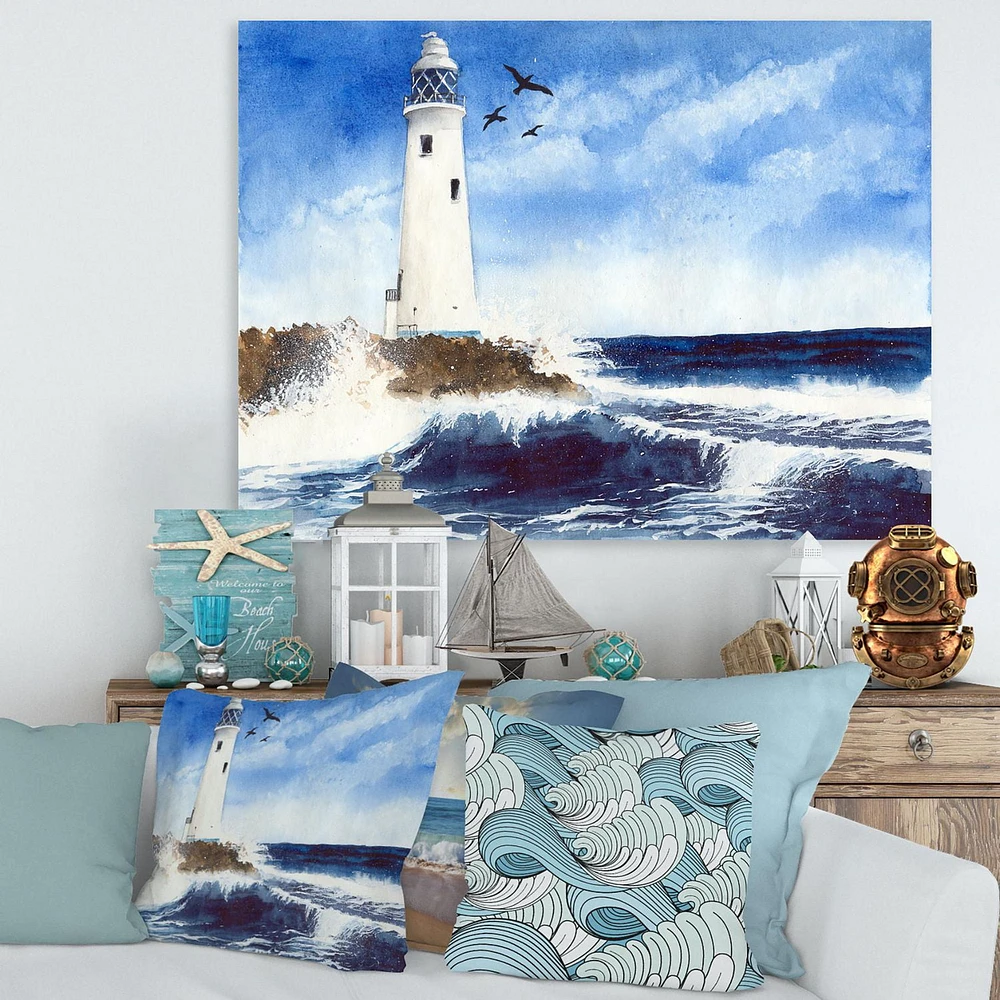 Designart Lighthouse On The Rocky Island With Seagulls Canvas Wall Art