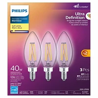 Philips LED Ultra Definition 40W Chandelier (B11) Medium Base (E26) Soft White WarmGlow Glass Clear 3-Pack, PHL LED 40W B11 E26 SW 3