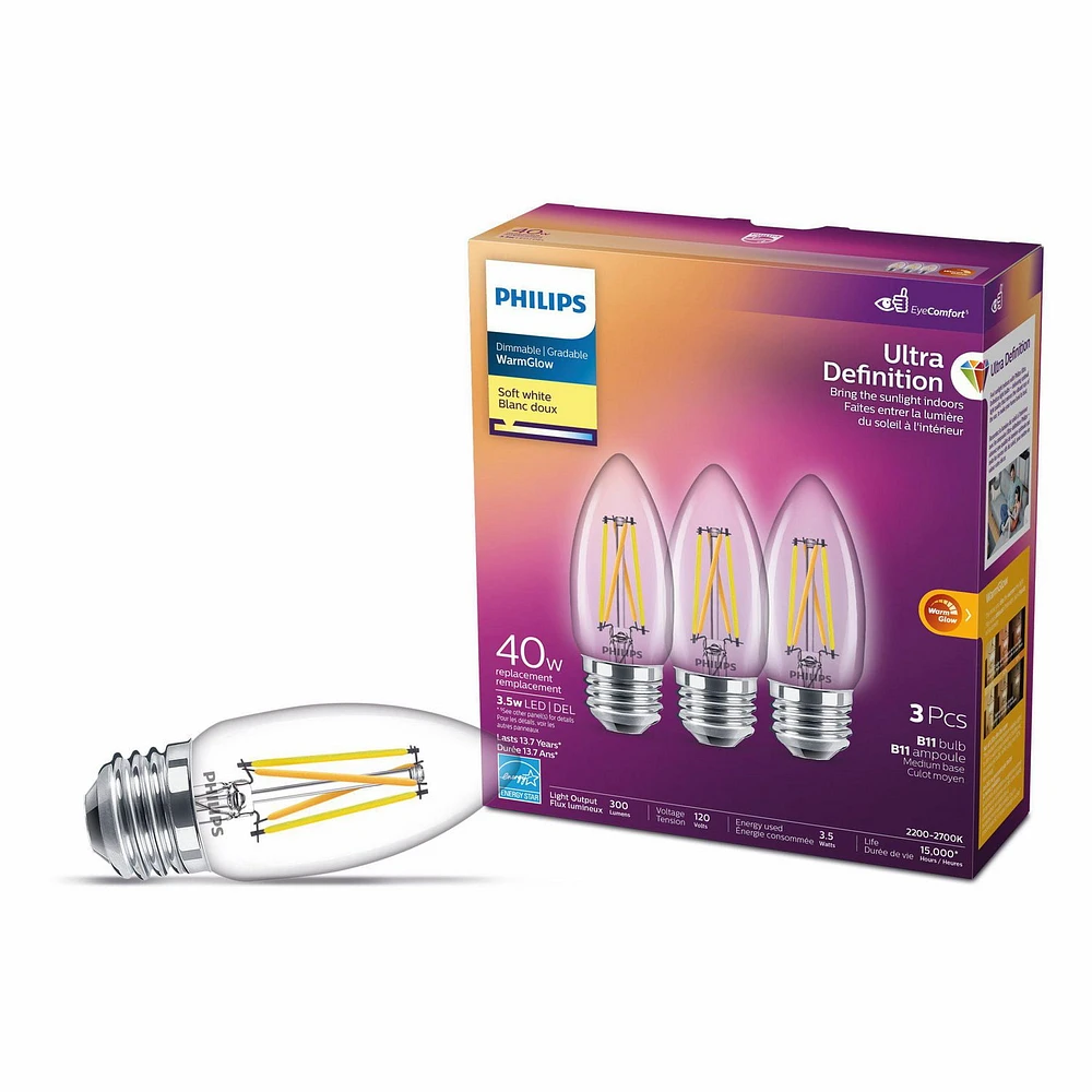 Philips LED Ultra Definition 40W Chandelier (B11) Medium Base (E26) Soft White WarmGlow Glass Clear 3-Pack, PHL LED 40W B11 E26 SW 3