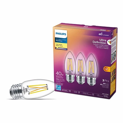 Philips LED Ultra Definition 40W Chandelier (B11) Medium Base (E26) Soft White WarmGlow Glass Clear 3-Pack, PHL LED 40W B11 E26 SW 3