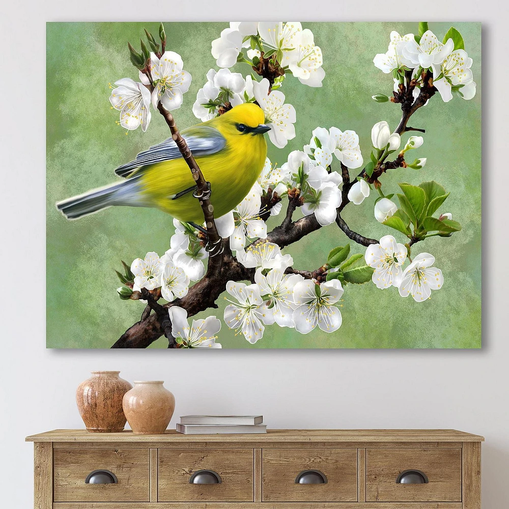 Designart Bird On A Branch of Cherry Canvas Wall Art