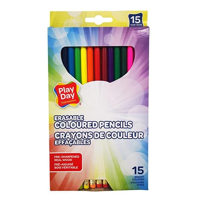 PLAYDAY 15ct Erasable Colored Pencils, Pre-Sharpened, Assorted Colors packed in window paper box, Erasable Coloured 15