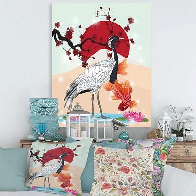 Designart Crane Bird and Koi Fish Canvas Wall Art