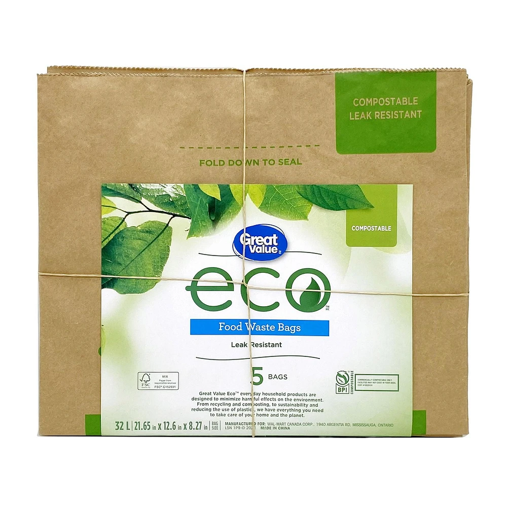 Great Value Leak Resistant Food Waste Bags, 5 bags (32 L, 21.65" x 12.6" x 8.27")