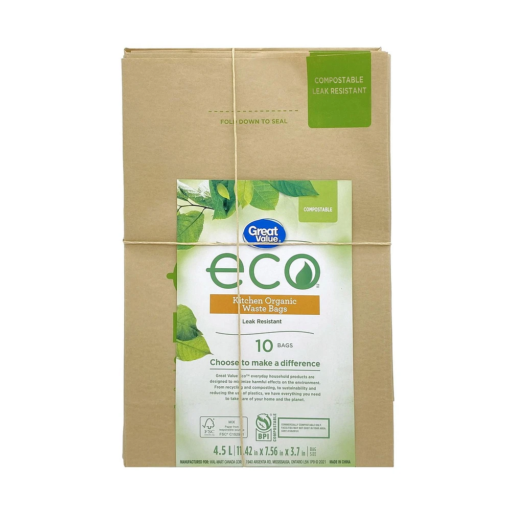 Great Value Leak Resistant Kitchen Organic Waste Bags, 10 bags (4.5 L, 11.42" x 7.56" x 3.7")