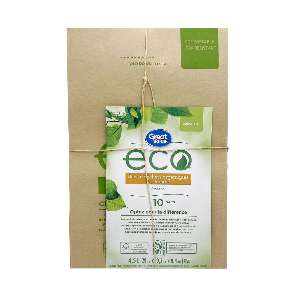 Great Value Leak Resistant Kitchen Organic Waste Bags, 10 bags (4.5 L, 11.42" x 7.56" x 3.7")