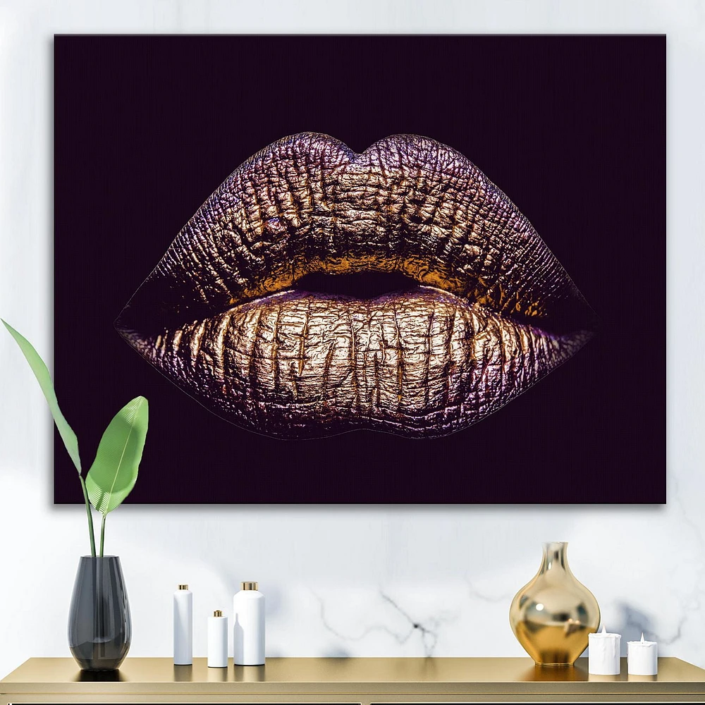 Designart Sexy Golden Metallized Female Lips III Canvas Wall Art