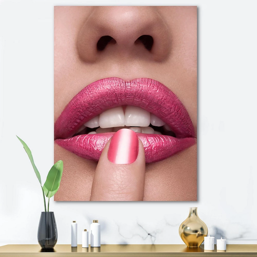 Designart Pink Woman Lips With Finger On Mouth Canvas Wall Art