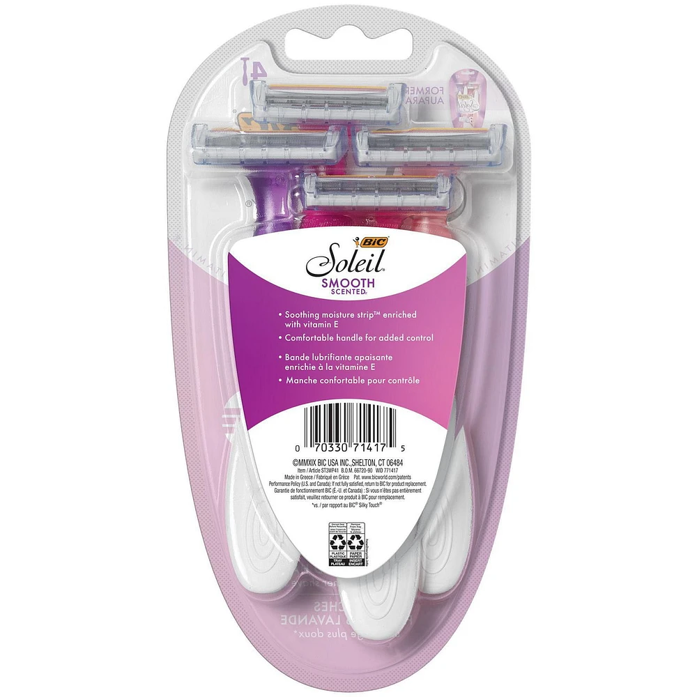 Rasoir jetable pour femmes BIC Soleil Smooth Scented, 3 lames avec une bande hydratante pour un rasage délicat, assortiment, ensemble de 4 pièces de rasoirs. Paquet de 4