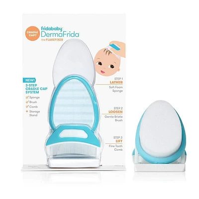 Frida Baby - DermaFrida the Flakefixer - 3-Step Cradle Cap System, Baby Sponge, Brush, Comb & Storage Stand