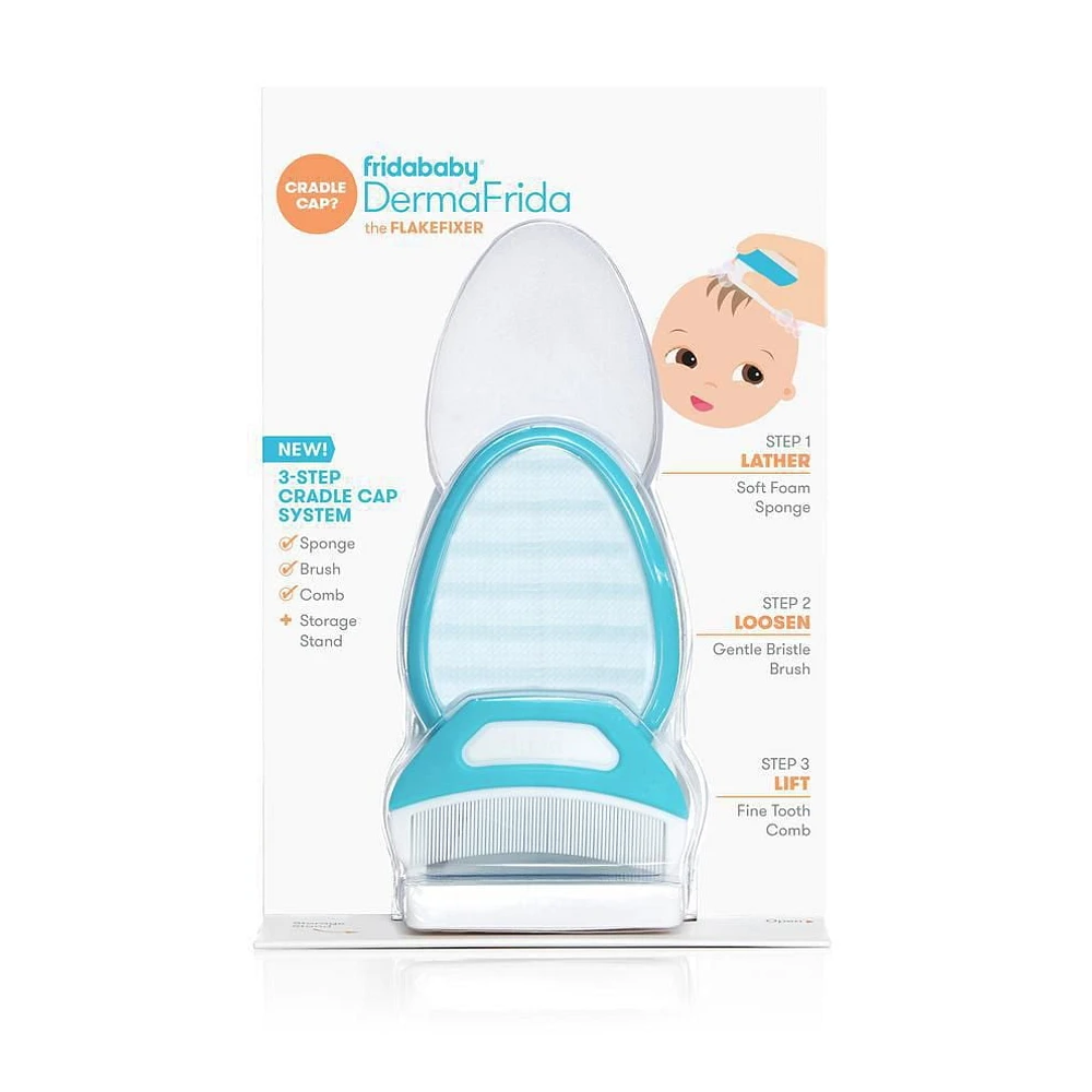 Frida Baby - DermaFrida the Flakefixer - 3-Step Cradle Cap System, Baby Sponge, Brush, Comb & Storage Stand