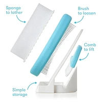 Frida Baby - DermaFrida the Flakefixer - 3-Step Cradle Cap System, Baby Sponge, Brush, Comb & Storage Stand