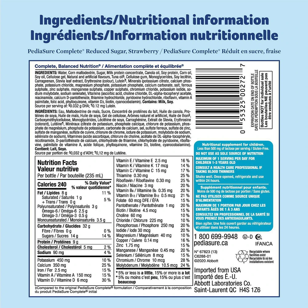 PediaSure Complete® Reduced Sugar, Nutritional Supplement, 4 x 235 mL, Strawberry, 4 x 235 mL