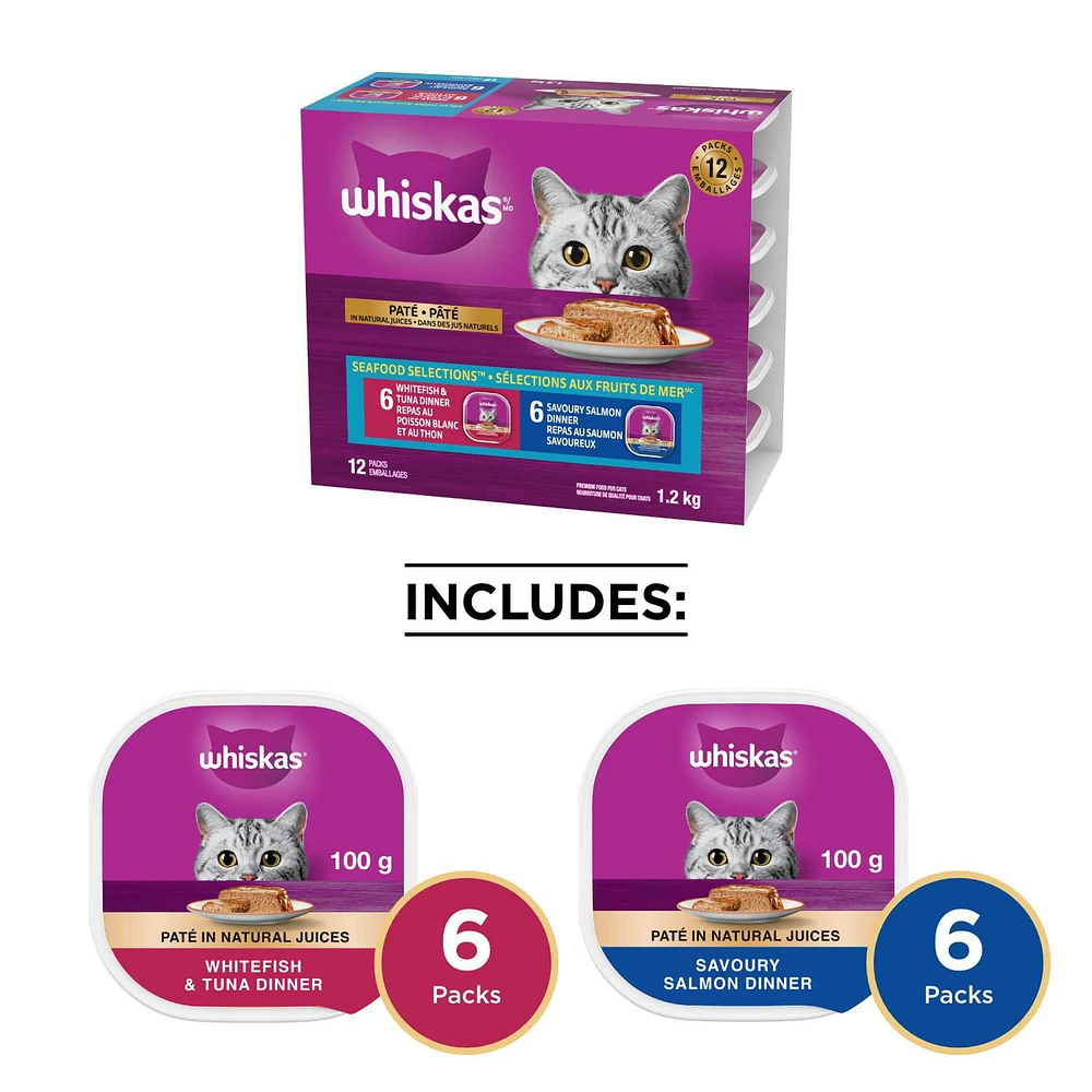 Whiskas Seafood Selections Whitefish & Tuna, Savoury Salmon Paté Variety Pack Adult Wet Cat Food