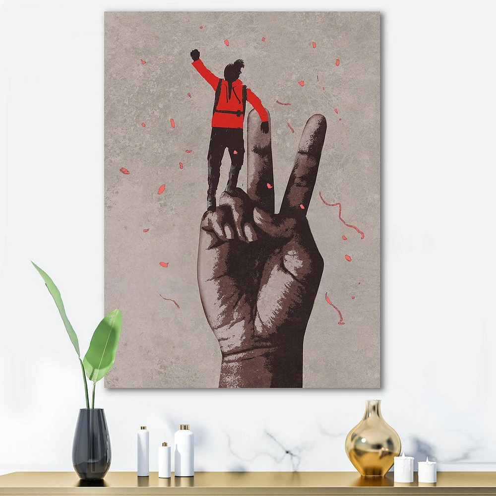 Designart Victory Sign With Man With Arm Raised Canvas Wall Art