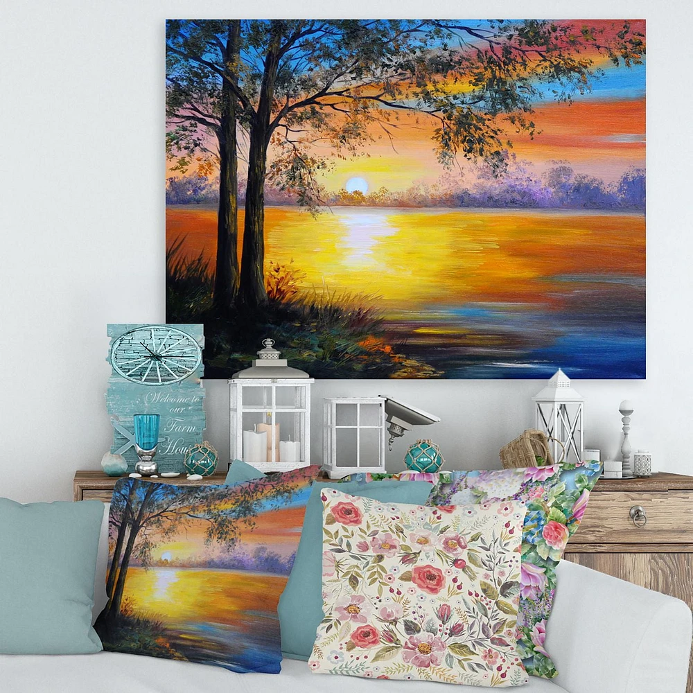 Designart Evening Tree Near The Lake Canvas Wall Art