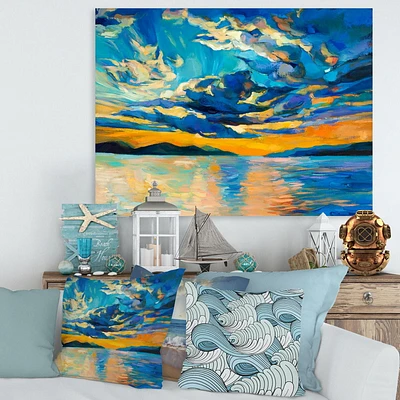 Designart Cloudy Wide Open Sunset Over Ocean Horizon Canvas Wall Art