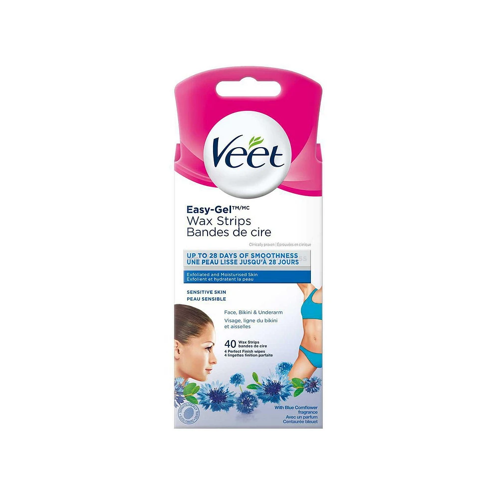 Veet® Easy-Gel™ Wax Strips Face, Bikini & Underarm Sensitive Skin, 40 ct + 4 wipes