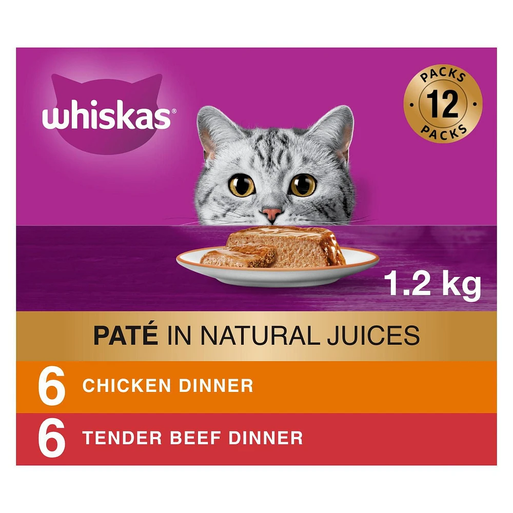 Whiskas Meaty Selections Chicken & Tender Beef Dinner Paté Variety Pack Adult Wet Cat Food, 12x100g