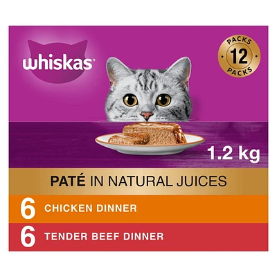 Whiskas Meaty Selections Chicken & Tender Beef Dinner Paté Variety Pack Adult Wet Cat Food, 12x100g