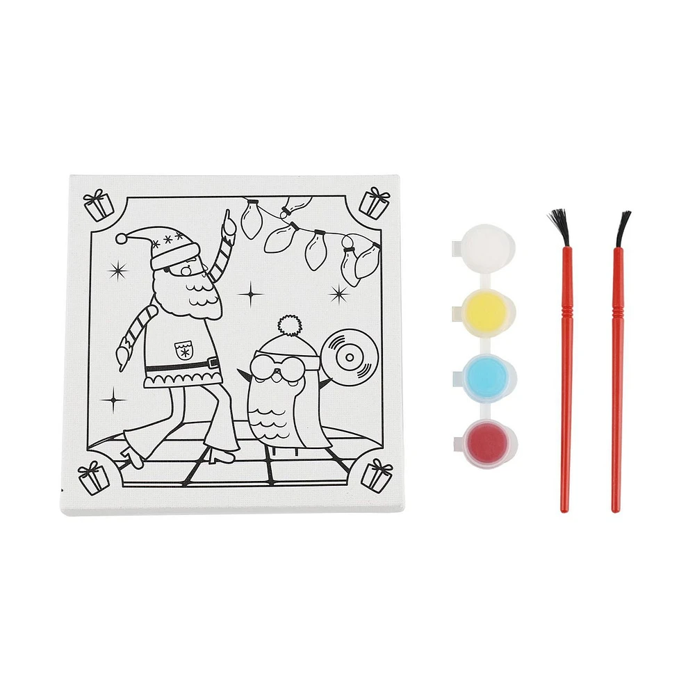 Christmas PYO Canvas Set for Kids PYO Paint with Two Brushes and Four Paint Pots Holiday Time, PYO Canvas Set