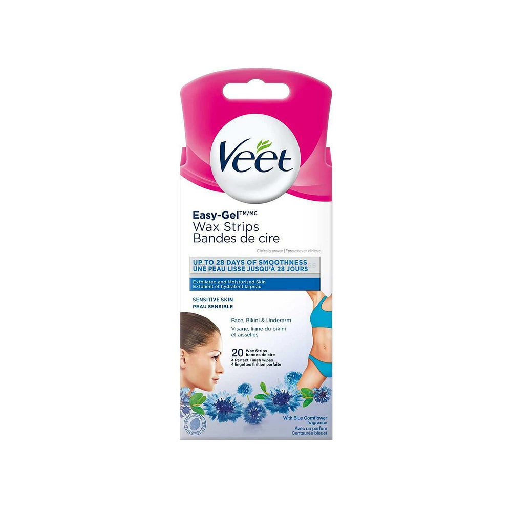 Bandelettes de cire Veet Easy-Gel pour le visage, la ligne de maillot et la peau sensible sous les bras 20/cs + 4 lingettes
