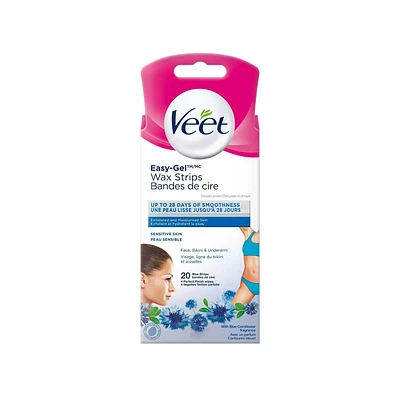 Bandelettes de cire Veet Easy-Gel pour le visage, la ligne de maillot et la peau sensible sous les bras 20/cs + 4 lingettes