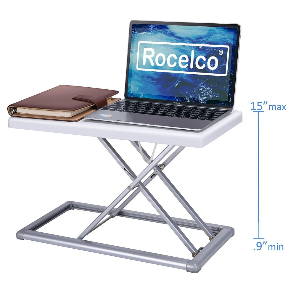 Rocelco 19" Portable Desk Riser - Height Adjustable Travel Standing Desk Converter - Premium Compact Sit Stand Up Laptop Rising Workstation with Carry Bag (White)