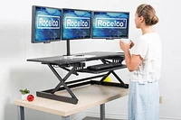 Rocelco 46" Large Height Adjustable Standing Desk Converter with Triple Monitor Mount BUNDLE - Quick Sit Stand Up Computer Workstation Riser - Retractable Keyboard Tray  (Black)