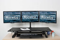 Rocelco 46" Large Height Adjustable Standing Desk Converter with Triple Monitor Mount BUNDLE - Quick Sit Stand Up Computer Workstation Riser - Retractable Keyboard Tray  (Black)