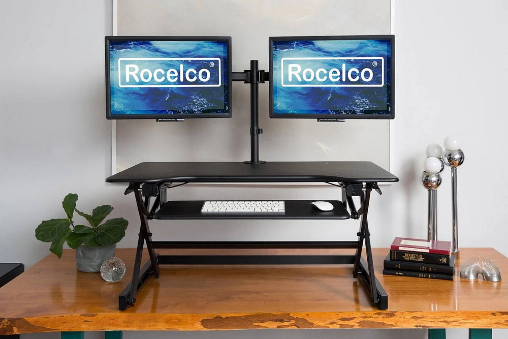 Rocelco 40 "Convertisseur de bureau debout réglable en hauteur avec support pour deux moniteurs BUNDLE - Support de poste de travail pour ordinateur Quick Sit Stand Up - Plateau de clavier rétractable (Noir)