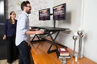 Rocelco 40" Large Height Adjustable Standing Desk Converter with Dual Monitor Mount BUNDLE - Quick Sit Stand Up Computer Workstation Riser - Retractable Keyboard Tray  (Black)