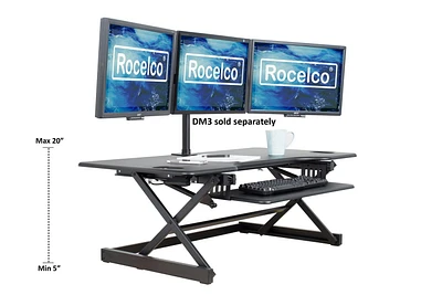 Rocelco 46" Large Height Adjustable Standing Desk Converter - Quick Sit Stand Up Triple Monitor Riser - Gas Spring Assist Computer Workstation - Retractable Keyboard Tray (Black)