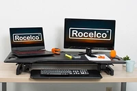 Rocelco 46" Large Height Adjustable Standing Desk Converter - Quick Sit Stand Up Triple Monitor Riser - Gas Spring Assist Computer Workstation - Retractable Keyboard Tray (Black)