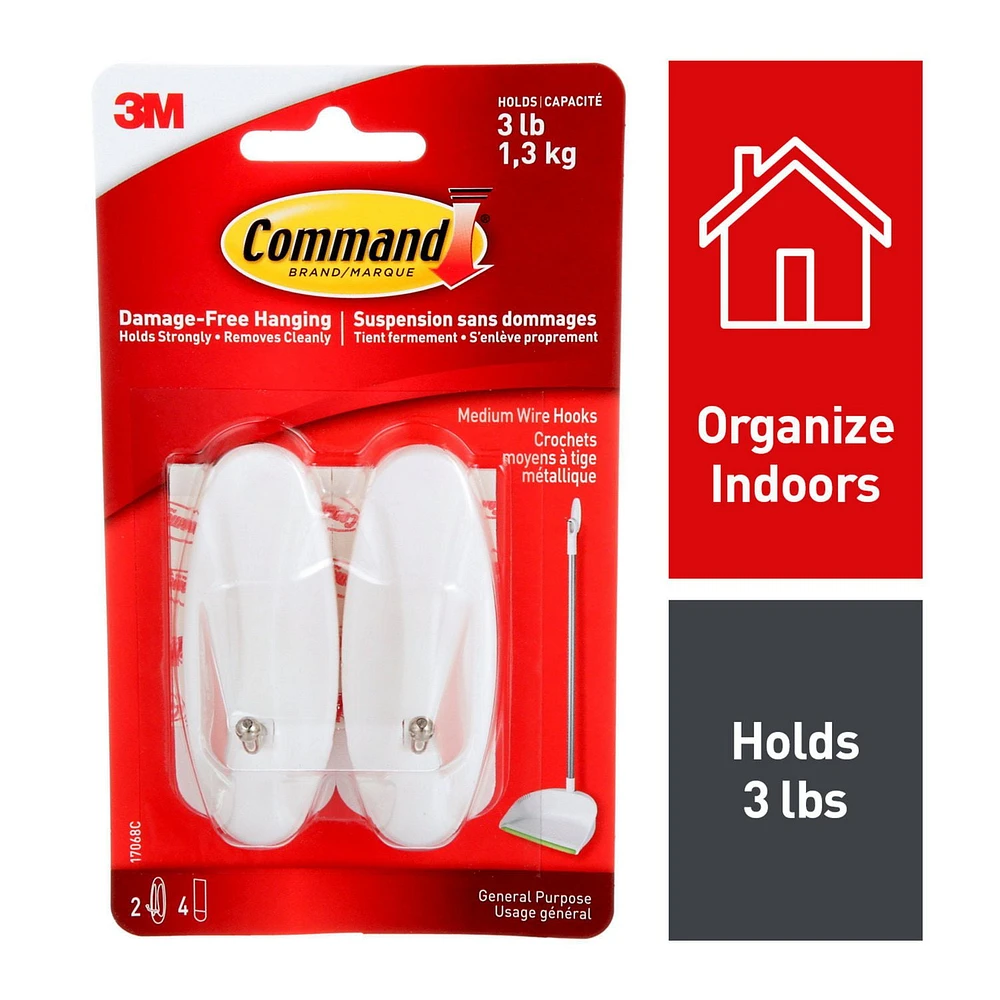 Command™ Wire Hooks 17068C, Medium, 2 Hooks, 4 Strips, 3 lb