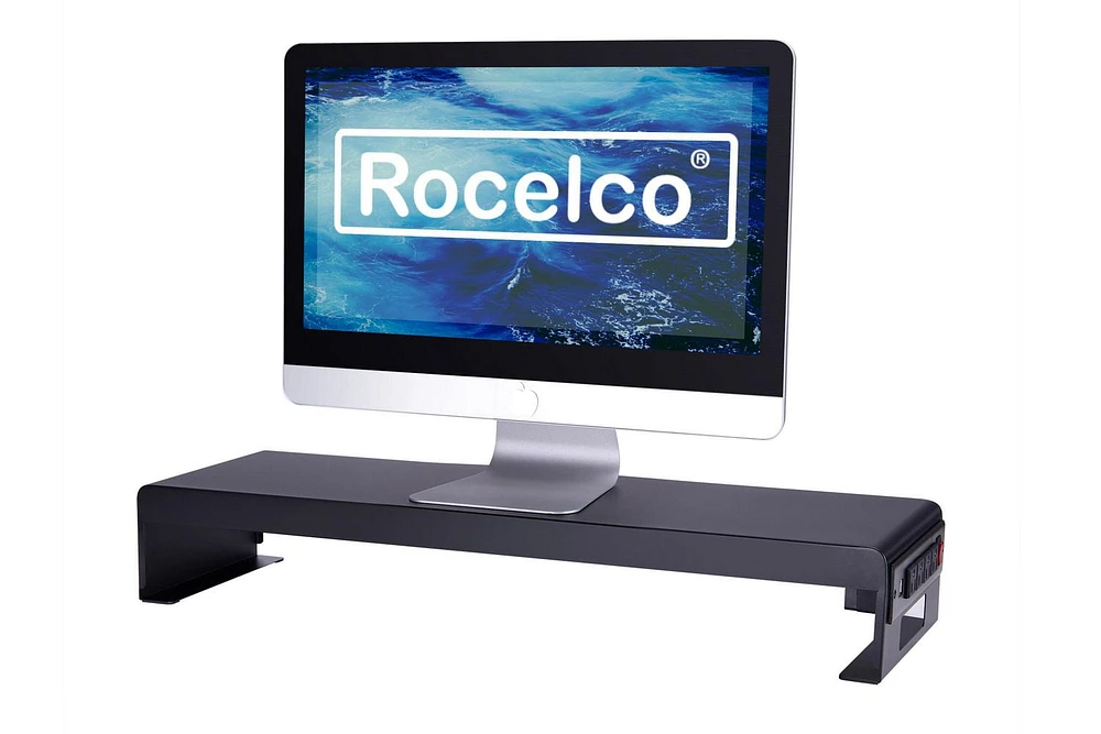 Rocelco 30" Premium Dual Monitor Stand with AC Power Supply & USB 2.0 Charging - Metal Laptop TV PC Riser Shelf with Keyboard Mouse Storage and Cable Management  (Black)