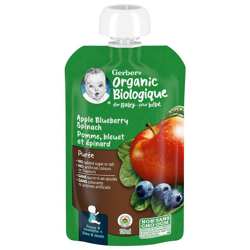 Purée GERBER Biologique Pomme Bleuet Épinard pour bébés, 128 ml 128 ml