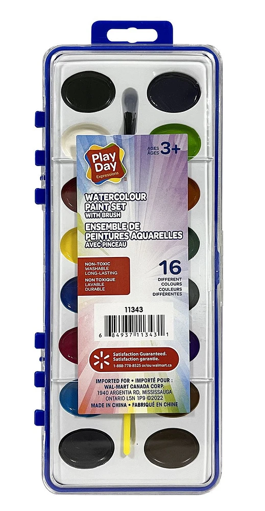 Play Day Watercolour Paint Set with Brush, 16 Different Colours