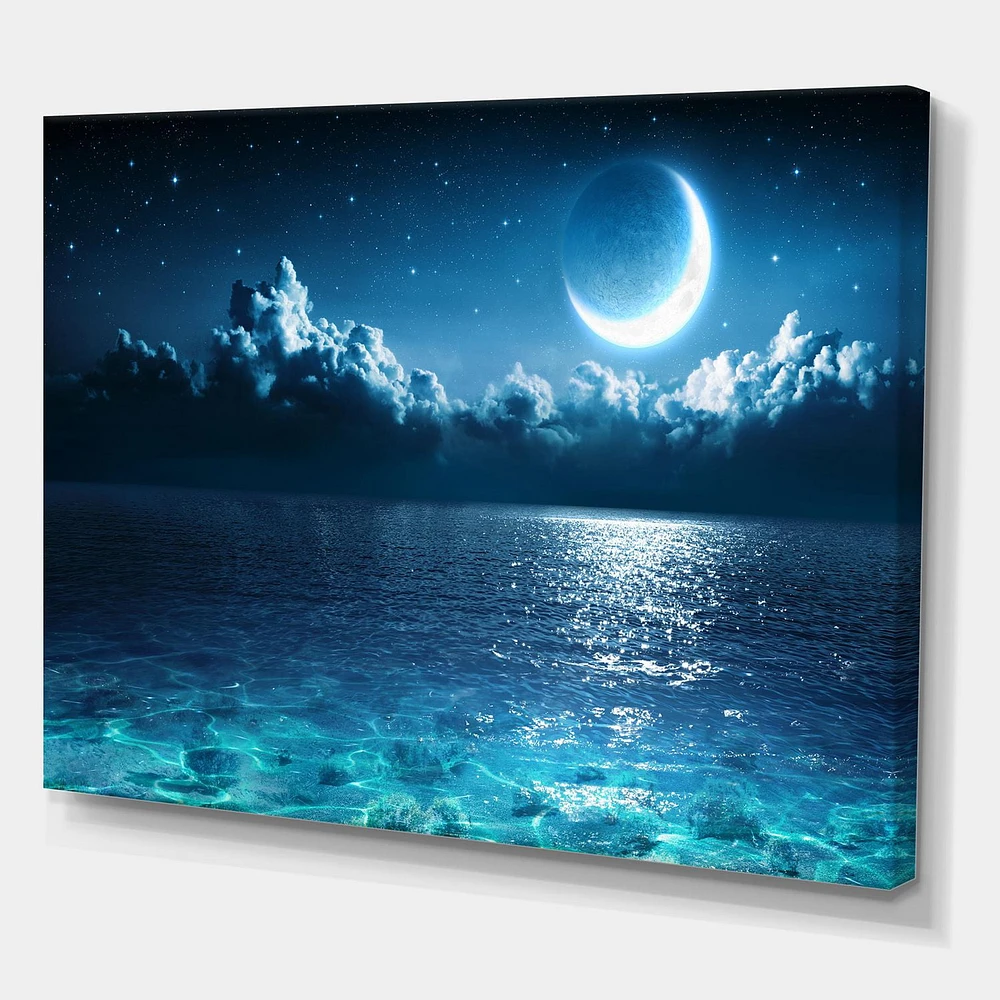 Designart Romantic Moon Over Deep Blue Sea I Canvas Wall Art