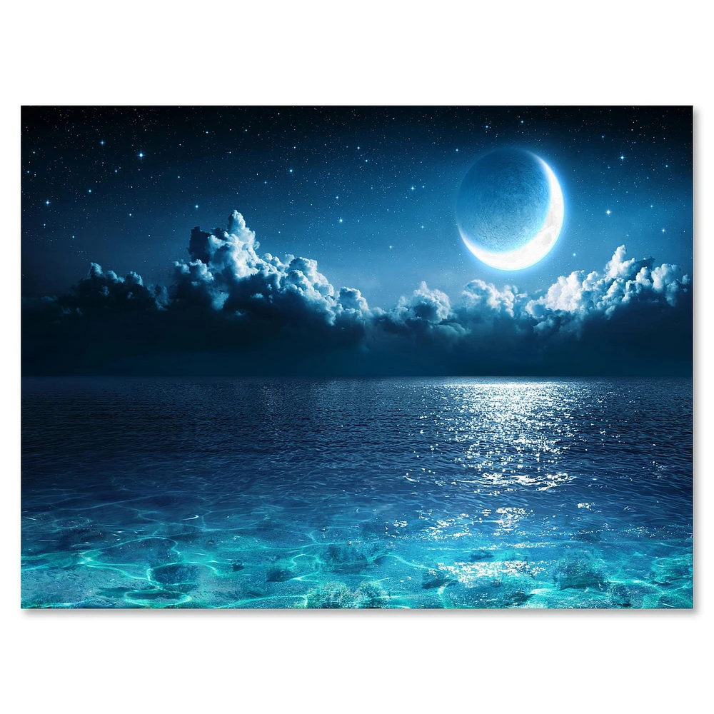 Designart Romantic Moon Over Deep Blue Sea I Canvas Wall Art