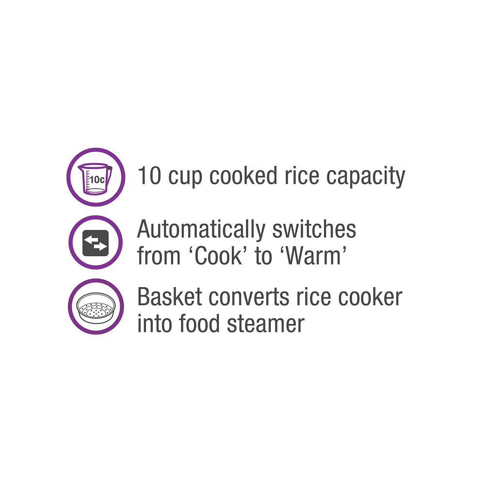 Salton Automatic Rice Cooker & Steamer 10 Cup RC2096, 10 Cup Cooked, Steamer Basket