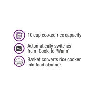 Salton Automatic Rice Cooker & Steamer 10 Cup RC2096, 10 Cup Cooked, Steamer Basket