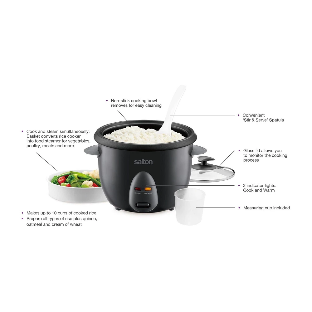 Salton Automatic Rice Cooker & Steamer 10 Cup RC2096, 10 Cup Cooked, Steamer Basket