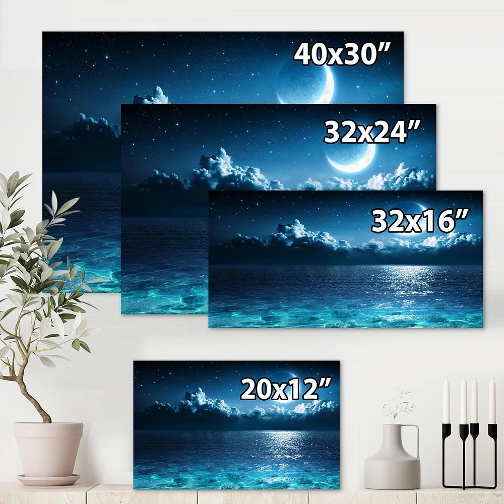 Designart Romantic Moon Over Deep Blue Sea I Canvas Wall Art