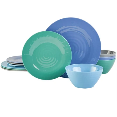 Gibson Home Brist in Blue 12 Piece Melamine Dinnerware Set, 4 Assorted Colors